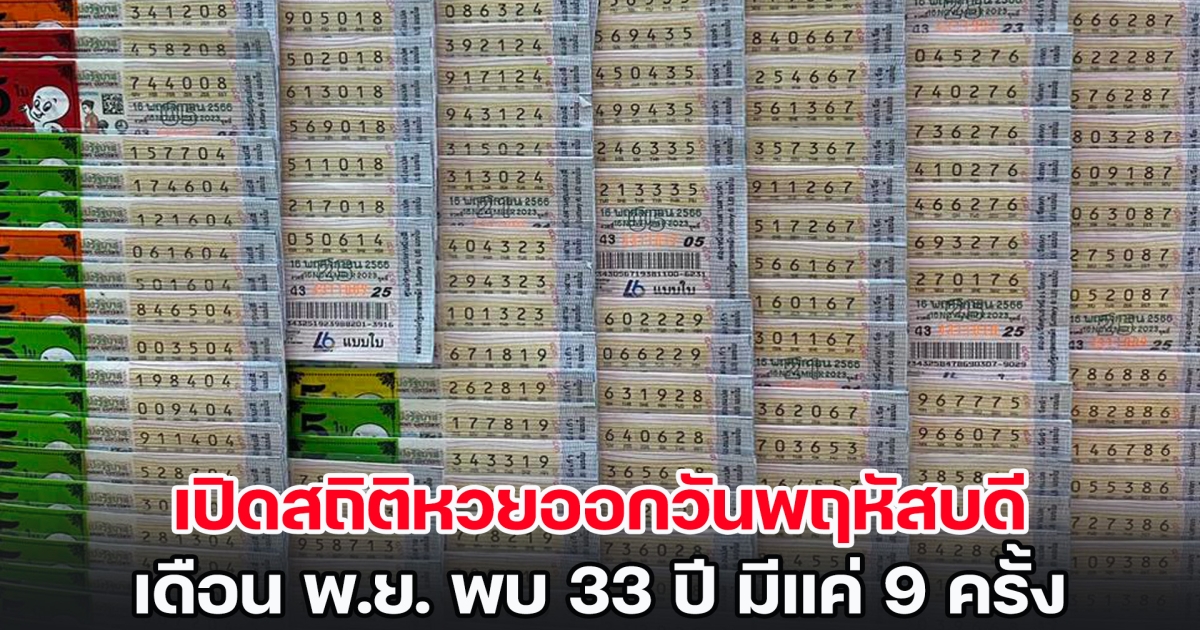 เปิดสถิติหวยออกวันพฤหัสบดี เดือน พ.ย. พบ 33 ปี มีแค่ 9 ครั้งเท่านั้น แนวทางงวด 16 พ.ย. 66