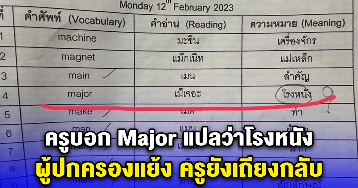 ครูบอก Major แปลว่าโรงหนัง ผู้ปกครองแย้ง ครูยังเถียงกลับ