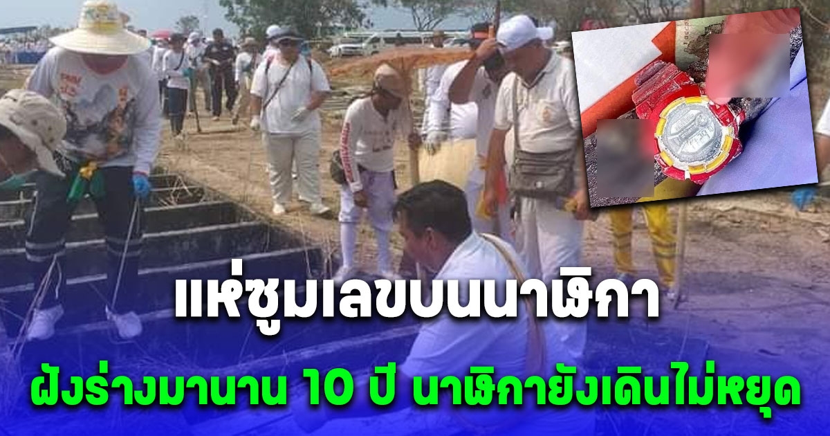 ฮือฮาล้างป่าช้าที่บ้านฉาง ฝังร่างมานาน 10 ปี นาฬิกายังเดินไม่หยุด แห่ซูมเลข