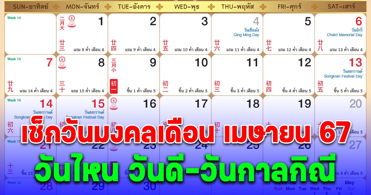 เช็กวันมงคลเดือน เมษายน 2567 วันไหน วันดี-วันกาลกิณี