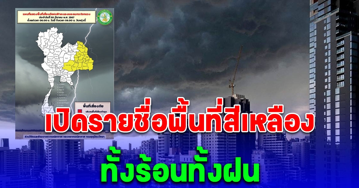 เปิดรายชื่อพื้นที่สีเหลือง วันนี้ ถึง 06:00 น. วันพรุ่งนี้ ทั้งร้อน ทั้งฝน ลมกระโชกแรง