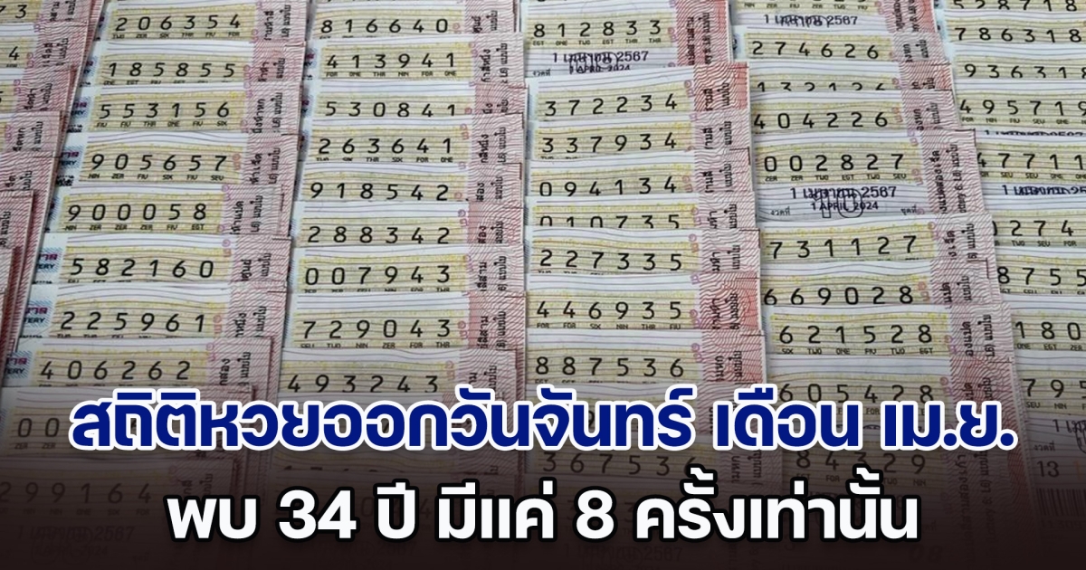 เปิดสถิติหวยออกวันจันทร์ เดือน เม.ย. พบ 34 ปี มีแค่ 8 ครั้งเท่านั้น แนวทางงวด 1 เม.ย. 67