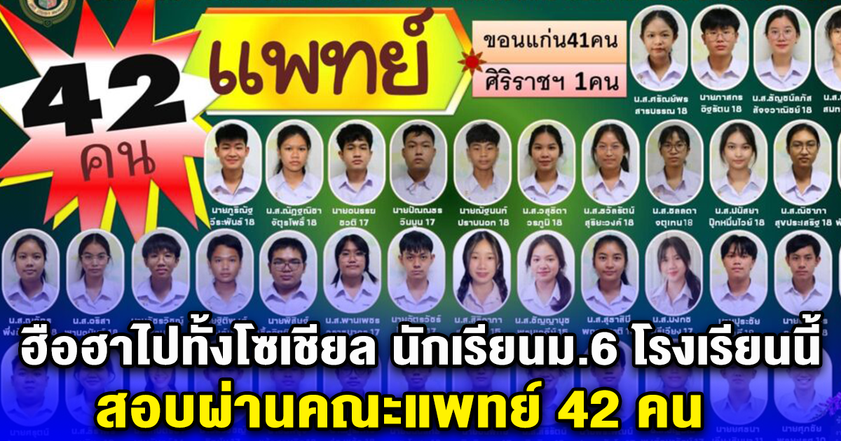 ฮือฮาไปทั้งโซเชียล นักเรียนม.6 โรงเรียนนี้ สอบผ่านคณะแพทย์ 42 คน ยินดีด้วยนะคะ