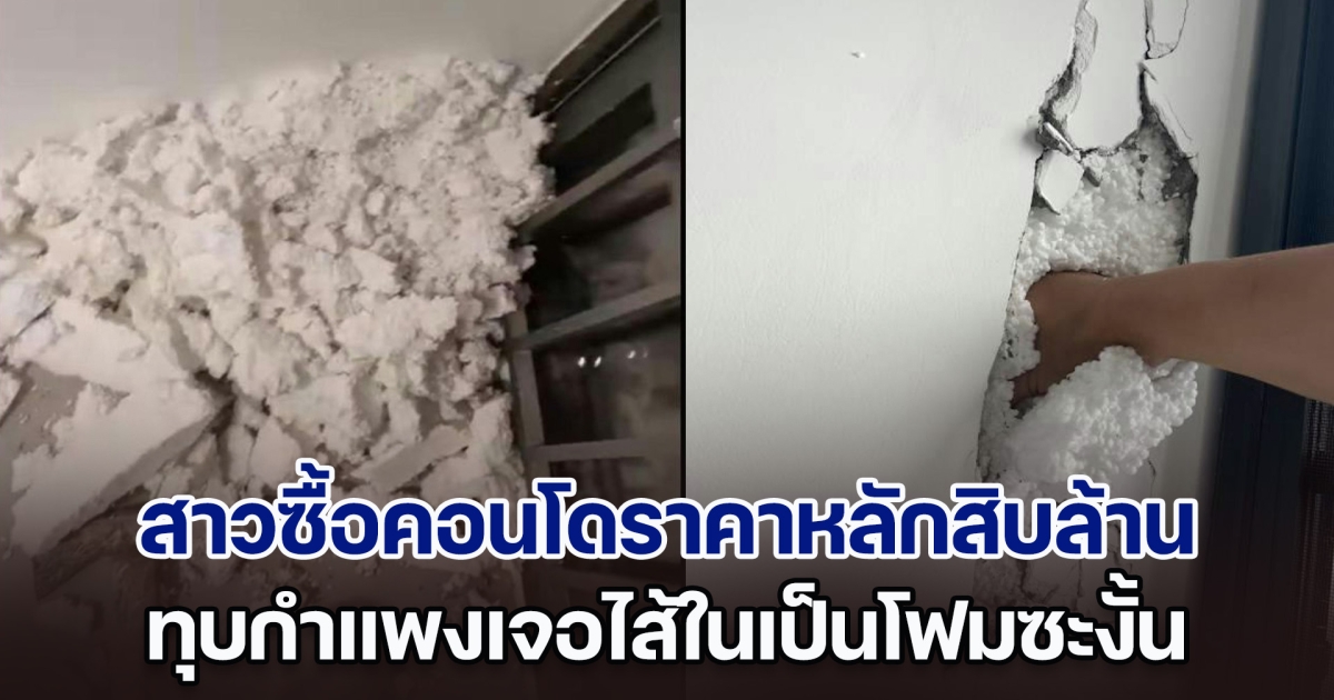 ช็อก! สาวซื้อคอนโดราคาหลักสิบล้าน เอะใจกดผนังห้องแล้วดันยุบ ทุบกำแพงเจอไส้ในเป็นโฟมซะงั้น แถมไม่ใช่แค่ห้องเดียว (ตปท.)