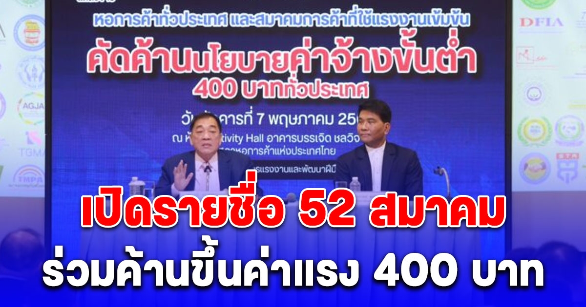 เปิดรายชื่อ 52 สมาคม ประกาศจุดยืนคัดค้านนโยบาย ค่าแรงขั้นต่ำ  400 บาททั่วประเทศ