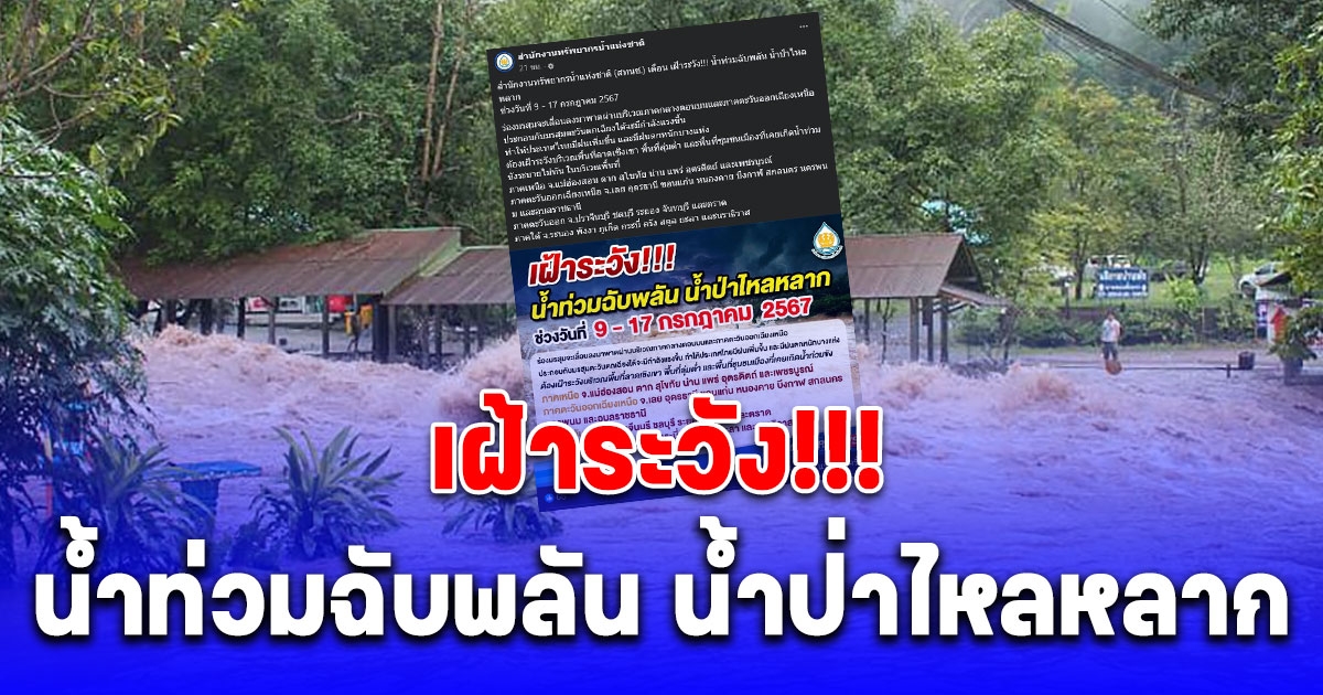 เปิดรายชื่อจังหวัด สทนช. เตือน เฝ้าระวังน้ำท่วมฉับพลัน น้ำป่าไหลหลาก 9-17 ก.ค. 67 นี้