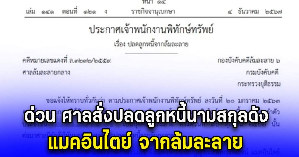 ด่วน ศาลสั่งปลดลูกหนี้นามสกุลดัง แมคอินไตย์ จากล้มละลาย