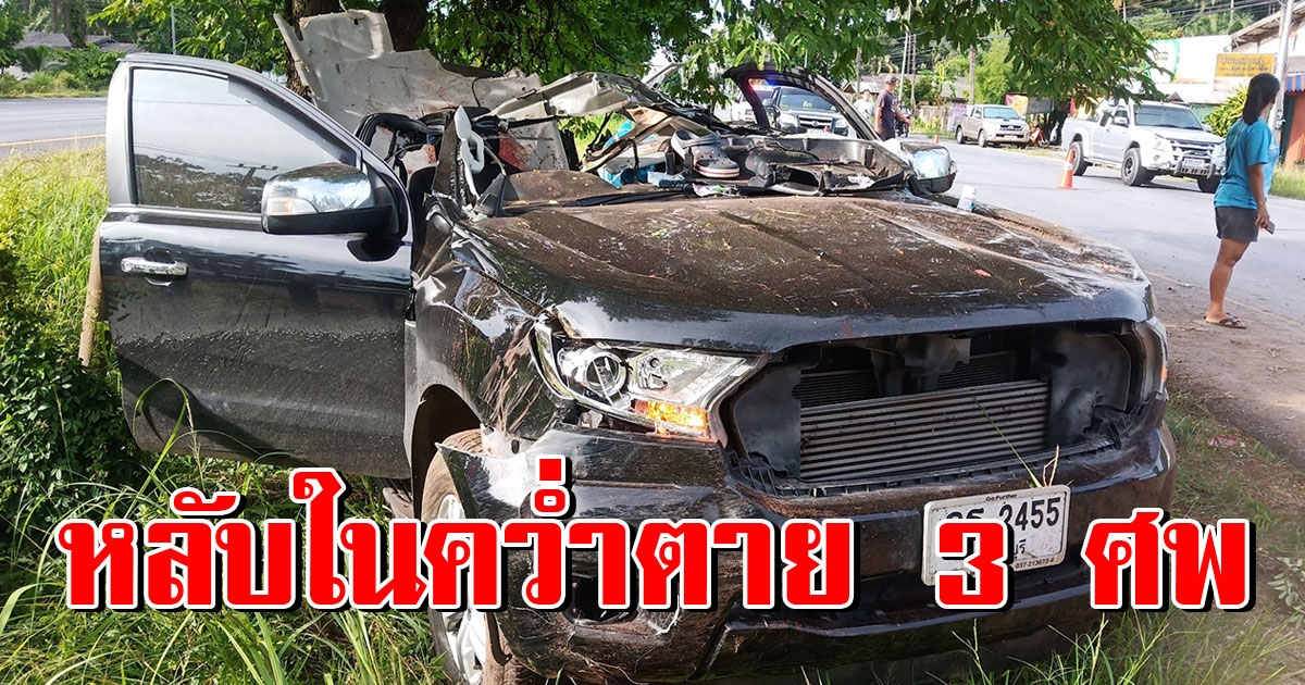 กระบะครอบครัวมาฝังศพญาติ เสียหลักพลิกคว่ำชนต้นไม้ตาย 3 สาหัส 2