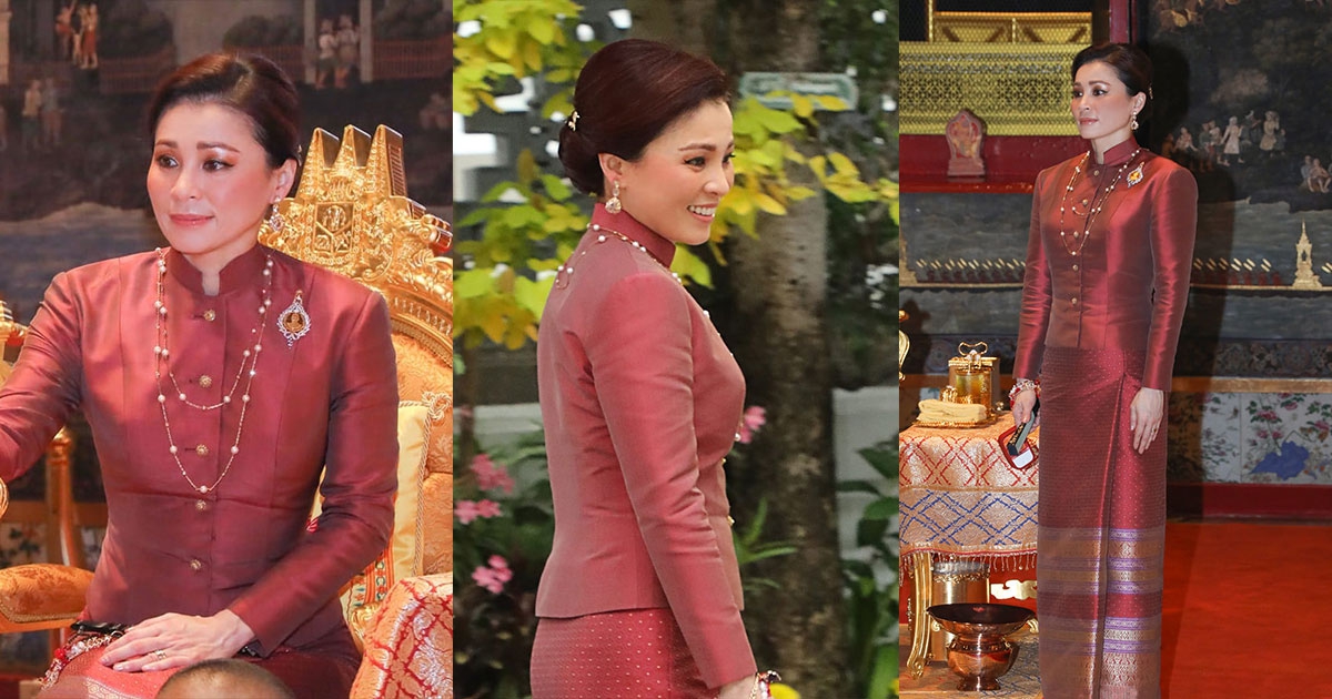 พระราชินี ฉลองพระองค์ในชุดไทยผ้าไหมยกดอกลายดอกมะลิเถาถมเกสร