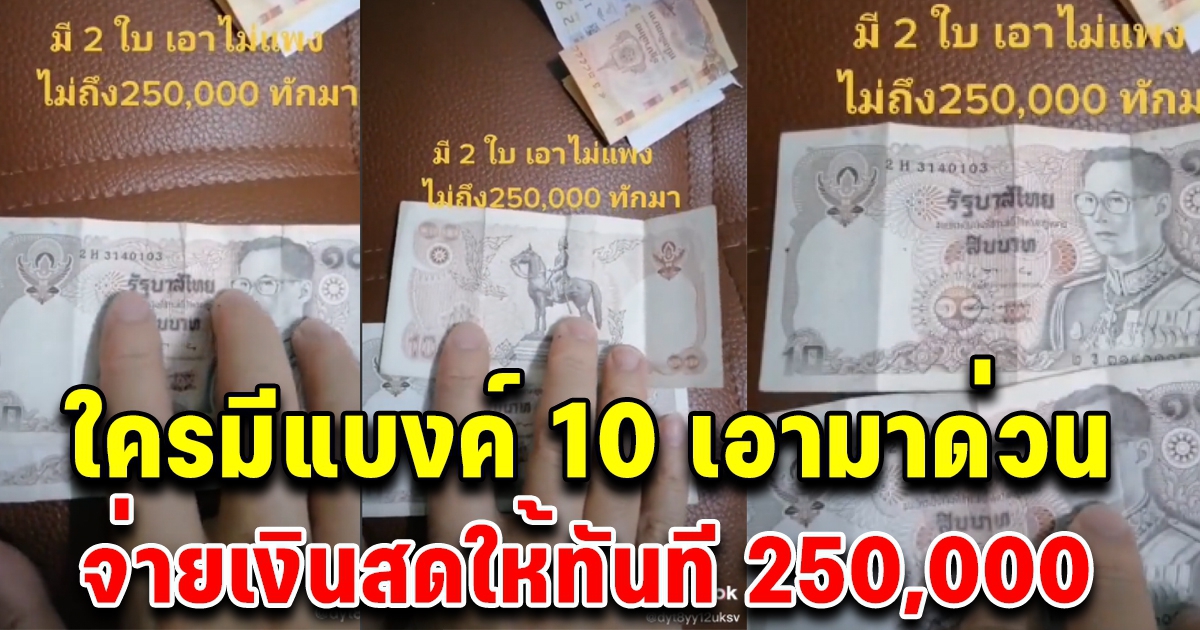 เปิดรับเพิ่ม หนุ่มโพสต์ มีแบงค์ 10 บ.เอามาให้ผมเลย จ่ายงินสดทันที 250,000