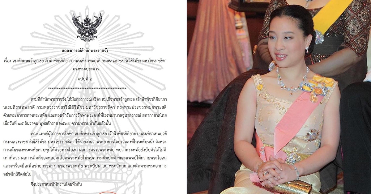 ด่วน แถลงการณ์ สำนักพระราชวัง ฉบับที่ 2 อาการพระประชวร พระองค์ภา