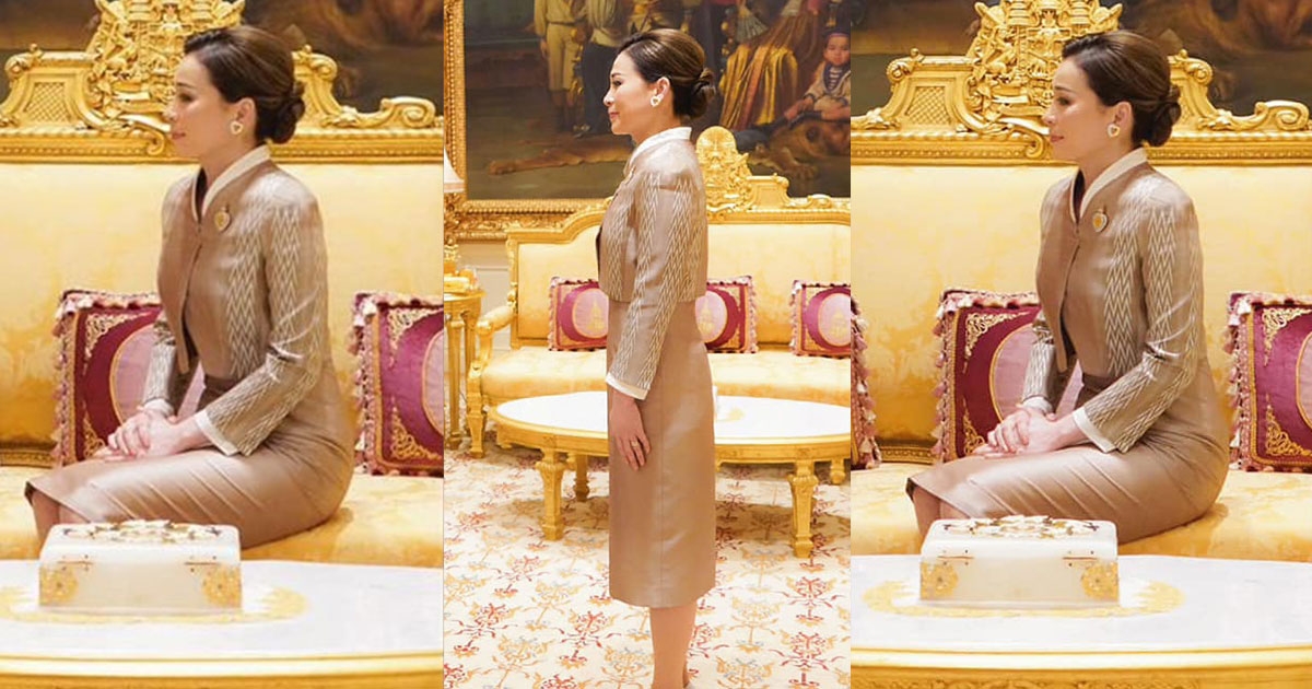 สง่างาม พระราชีนิทรงฉลองพระองค์ผ้าไหมมัดหมี่ ลายเอื้อ