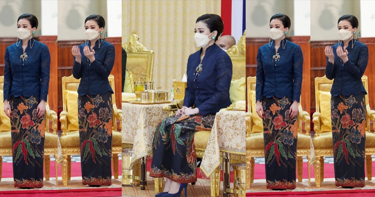 สง่างาม พระราชีนิทรงฉลองพระองค์ผ้าลูกไม้ พระภูษาผ้าปาเต๊ะลวดลายพรรณพฤกษา