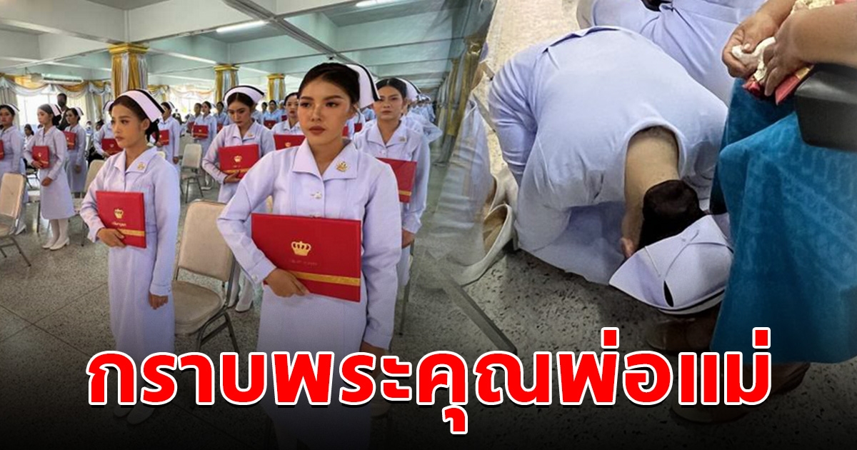น้ำตาอาบแก้ม บัณฑิตพยาบาลศาสตร์ ก้มกราบเท้าพ่อแม่ ในพิธีประดับแถบหมวกและเข็มวิทยฐานะ