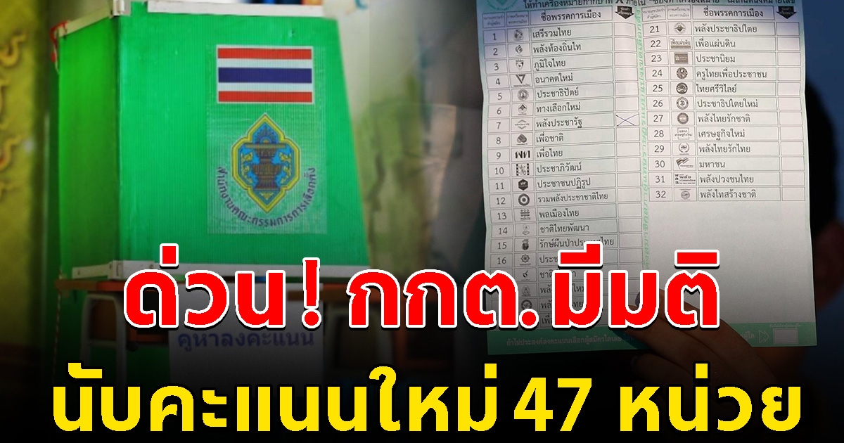 ด่วน กกต.มีมตินับคะแนนใหม่ 47 หน่วยเลือกตั้ง หลังพบคะแนนเขย่ง