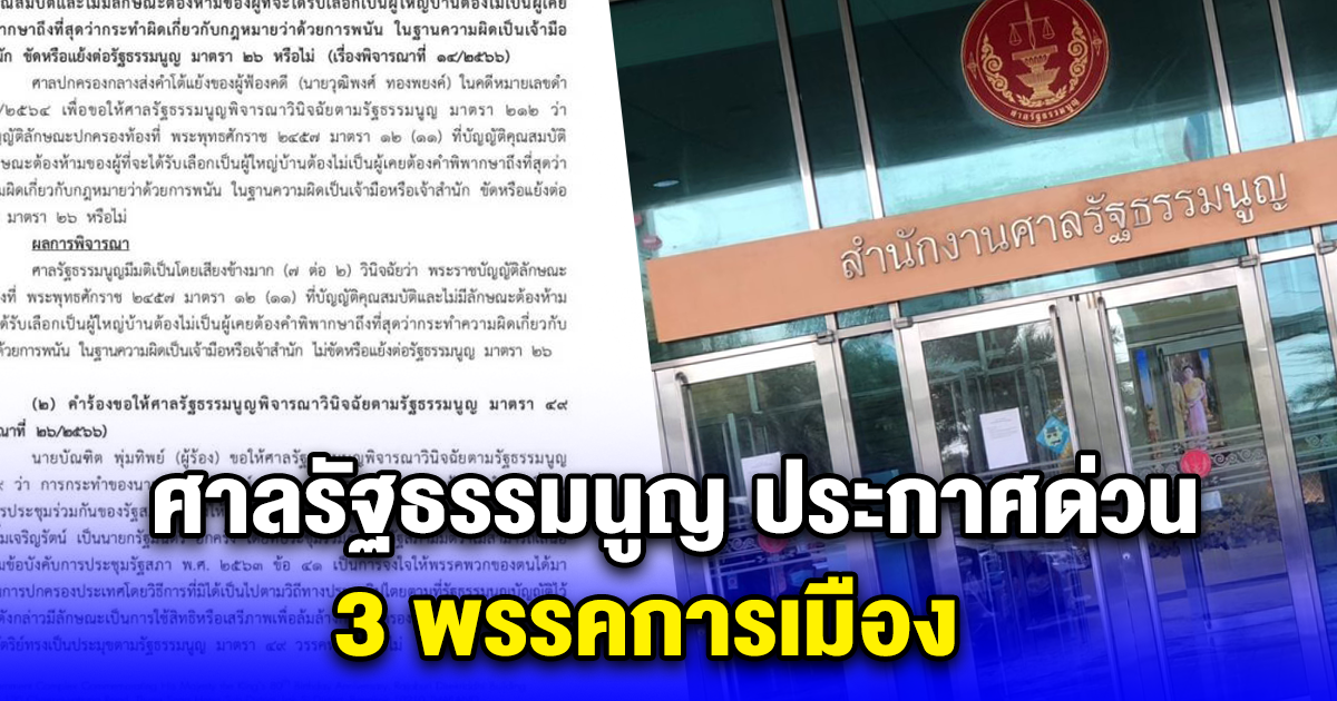 ศาลรัฐธรรมนูญ ประกาศด่วน 3 พรรคการเมือง