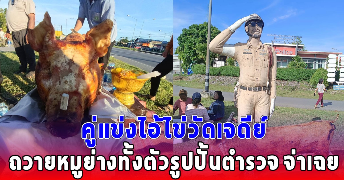 คู่แข่งไอ้ไข่วัดเจดีย์ ชาวบ้านแห่แก้บนถวายหมูย่างทั้งตัวรูปปั้นตำรวจ จ่าเฉย