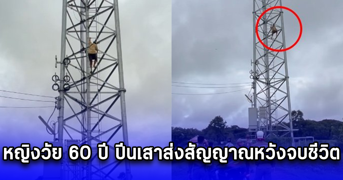 หญิงวัย 60 ปี ปีนเสาส่งสัญญาณหวังจบชีวิต