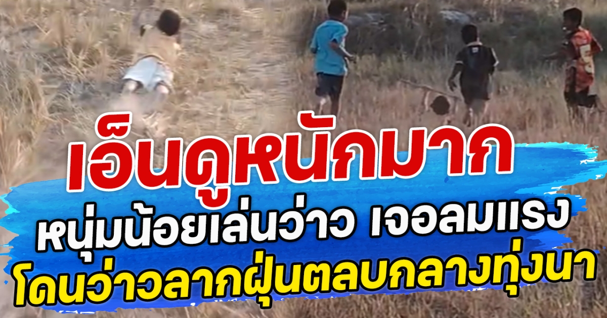 เอ็นดูหนักมาก หนุ่มน้อยเล่นว่าว เจอลมแรง โดนว่าวลากฝุ่นตลบกลางทุ่งนา