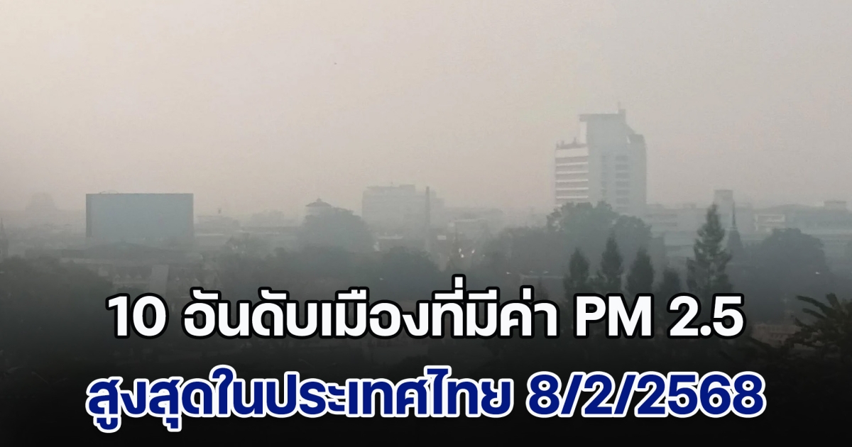 พุ่งไม่หยุด! เปิด 10 อันดับ เมืองที่มีค่า PM 2.5 สูงสุดในประเทศไทย (วันที่ 8 ก.พ. 68)