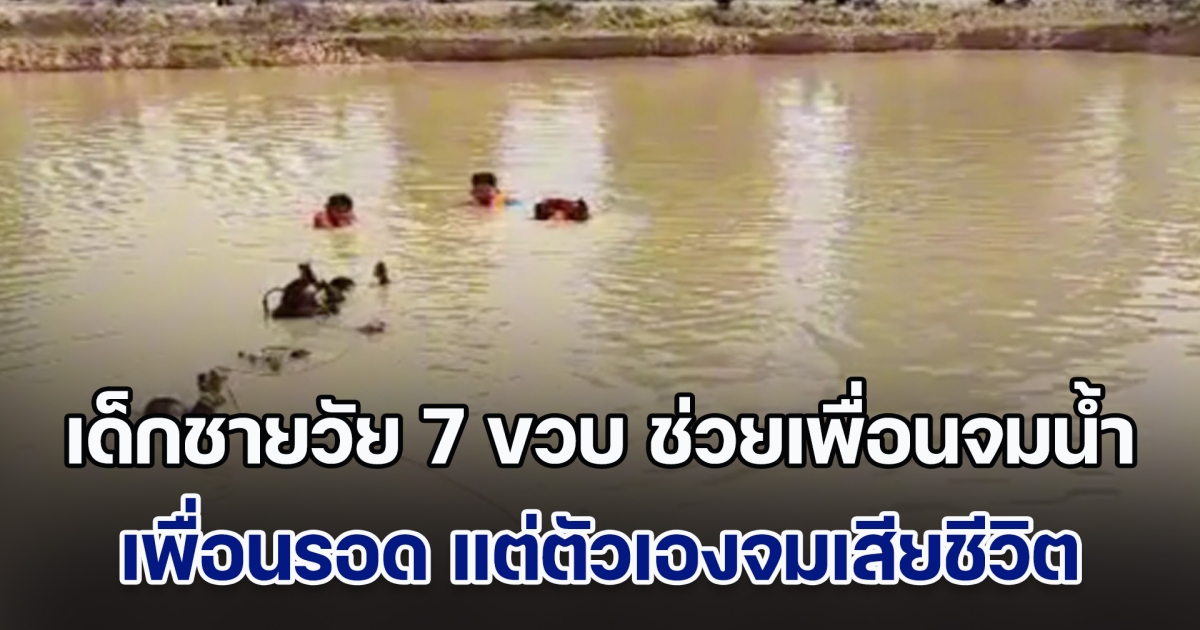 เด็กชายวัย 7 ขวบลงเล่นน้ำ เห็นเพื่อนวัย 5 ขวบจะจม รีบว่ายไปช่วย ให้เพื่อนขี่คอจนรอด แต่สุดท้ายตัวเองจมดับ