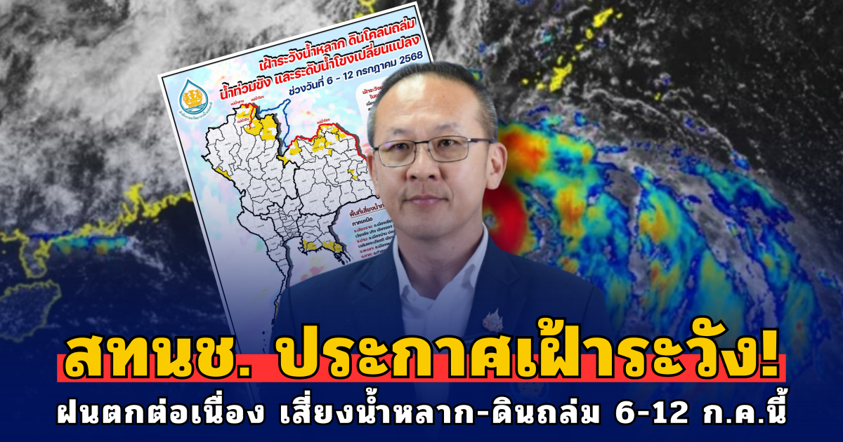 สทนช. ประกาศเฝ้าระวัง! ฝนตกต่อเนื่อง เสี่ยงน้ำหลาก ดินโคลนถล่ม ระดับน้ำโขงเปลี่ยนแปลง 6-12 ก.ค.นี้