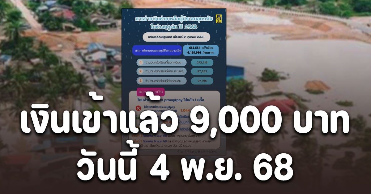 วันนี้ 4 พ.ย. 68 เงินเยียวยาน้ำท่วม 9,000 บาท เข้าแล้ว