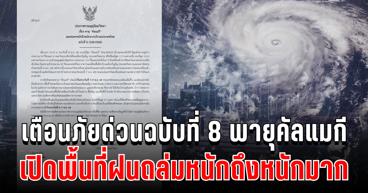 ด่วนประกาศแล้ว! กรมอุตุฯ เตือนฉบับที่ 8 พายุคัลแมกี เปิดพื้นที่ฝนถล่มหนักถึงหนักมาก คืนนี้เข้าเต็มๆ