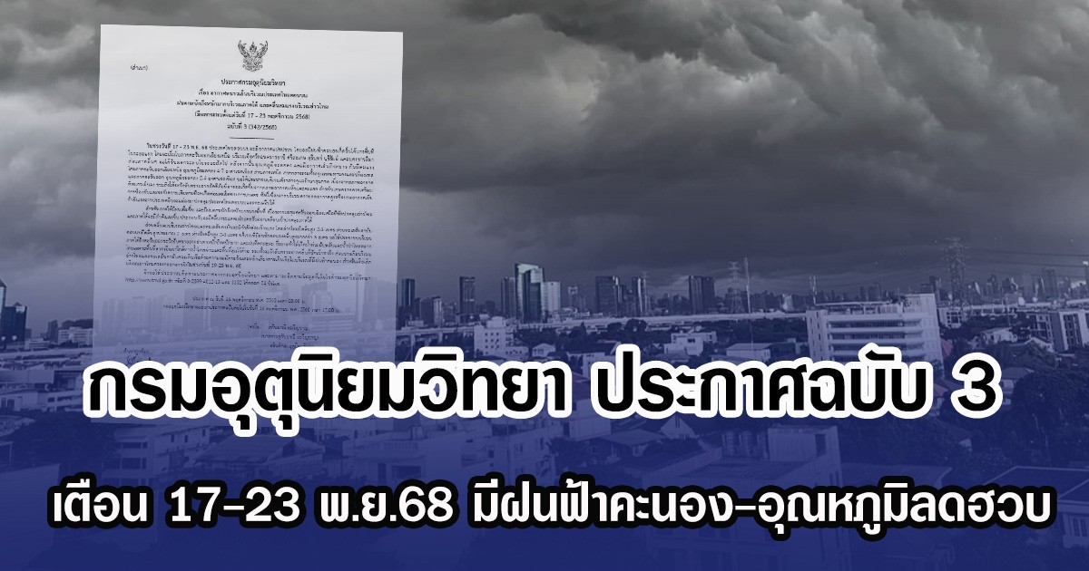 กรมอุตุนิยมวิทยา ประกาศฉบับ 3 เตือน 17-23 พ.ย.68 มีฝนฟ้าคะนอง-อุณหภูมิลดฮวบ