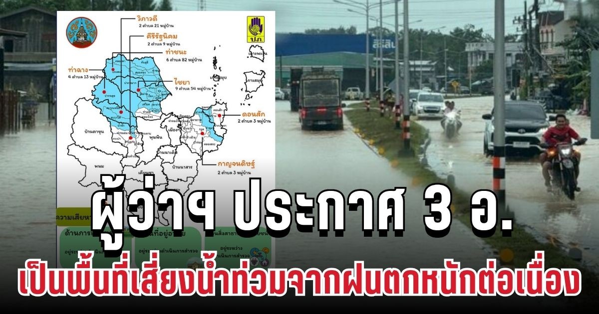 วิกฤติหนัก! ผู้ว่าฯ ประกาศ 3 อำเภอเป็นพื้นที่เสี่ยงน้ำท่วมจากฝนตกหนักต่อเนื่อง