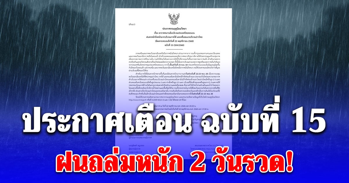 อ่วม! กรมอุตุ ประกาศเตือน ฉบับที่ 15 ฝนถล่มหนัก 2 วันรวด! เปิดพื้นที่สีแดง 5 จังหวัดโดนเต็มๆ