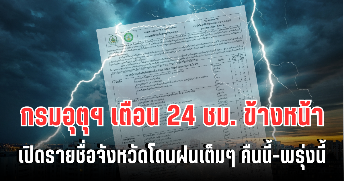 ประกาศแล้ว! กรมอุตุฯ เตือน 24 ชม. ข้างหน้า ทั้งฝนทั้งหนาว เปิดรายชื่อจังหวัดโดนฝนเต็มๆ คืนนี้-พรุ่งนี้