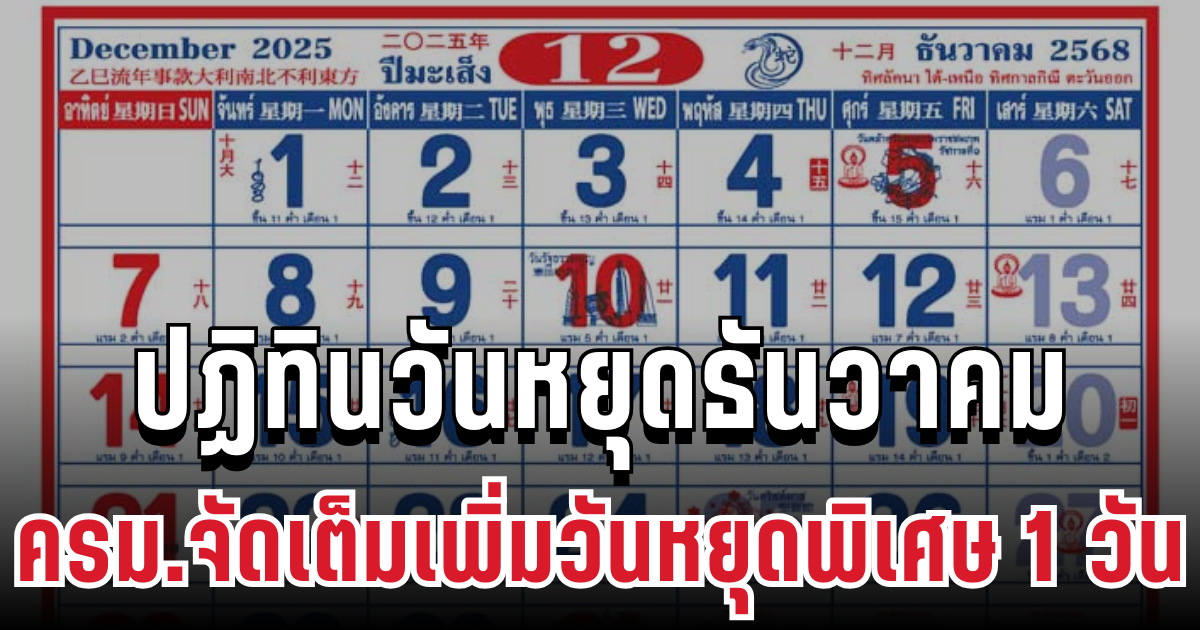 ประกาศแล้ว! ปฏิทินวันหยุดธันวาคม ปีใหม่นี้ ครม.จัดเต็มเพิ่มวันหยุดพิเศษอีก 1 วัน