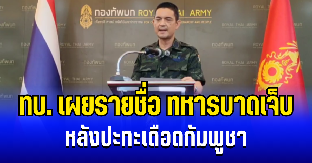 กองทัพบก เผยรายชื่อ ทหารบาดเจ็บ หลังปะทะเดือดกัมพูชา