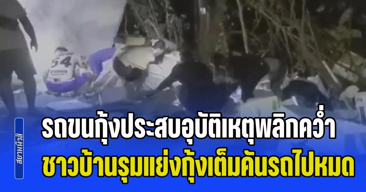 รถขนกุ้งน้ำตาร่วง ประสบอุบัติเหตุพลิกคว่ำ ชาวบ้านมารุมแย่งกุ้งเต็มคันรถไปหมด