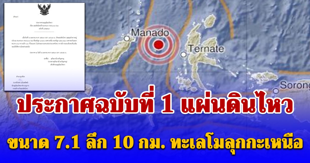 กรมอุตุฯ ประกาศฉบับที่ 1 แผ่นดินไหว ขนาด 7.1 ลึก 10 กม. ทะเลโมลุกกะเหนือ อินโดนีเซียแจ้งเตือนสึนามิ